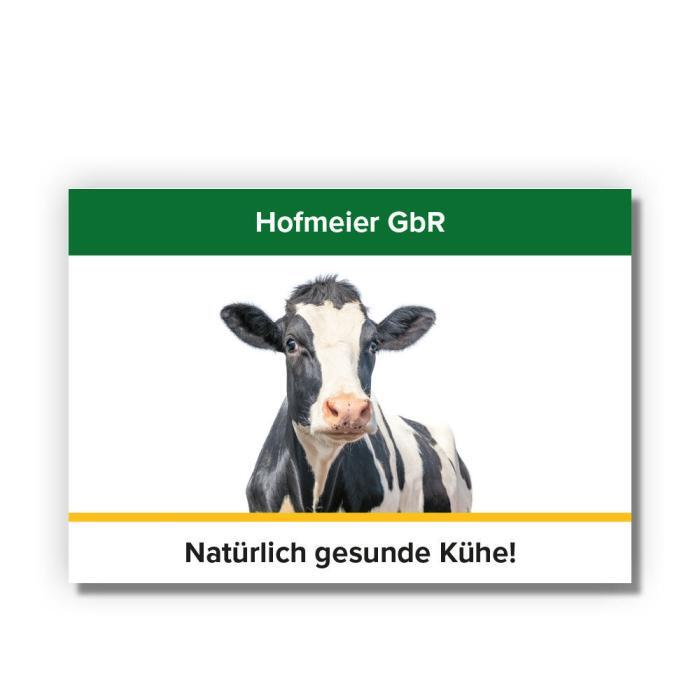 Hofschild mit einer Holstein-Friesian-Kuh